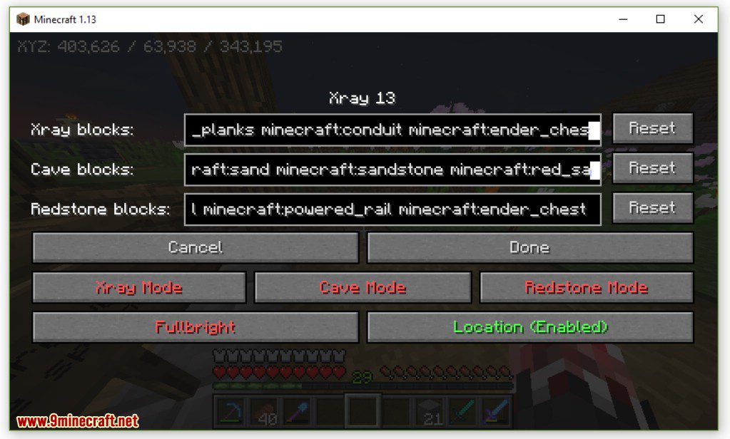 Rift Xray Mod 1.15.2, 1.13.2 (Fullbright, Cave Mode, Redstone Mode) 6